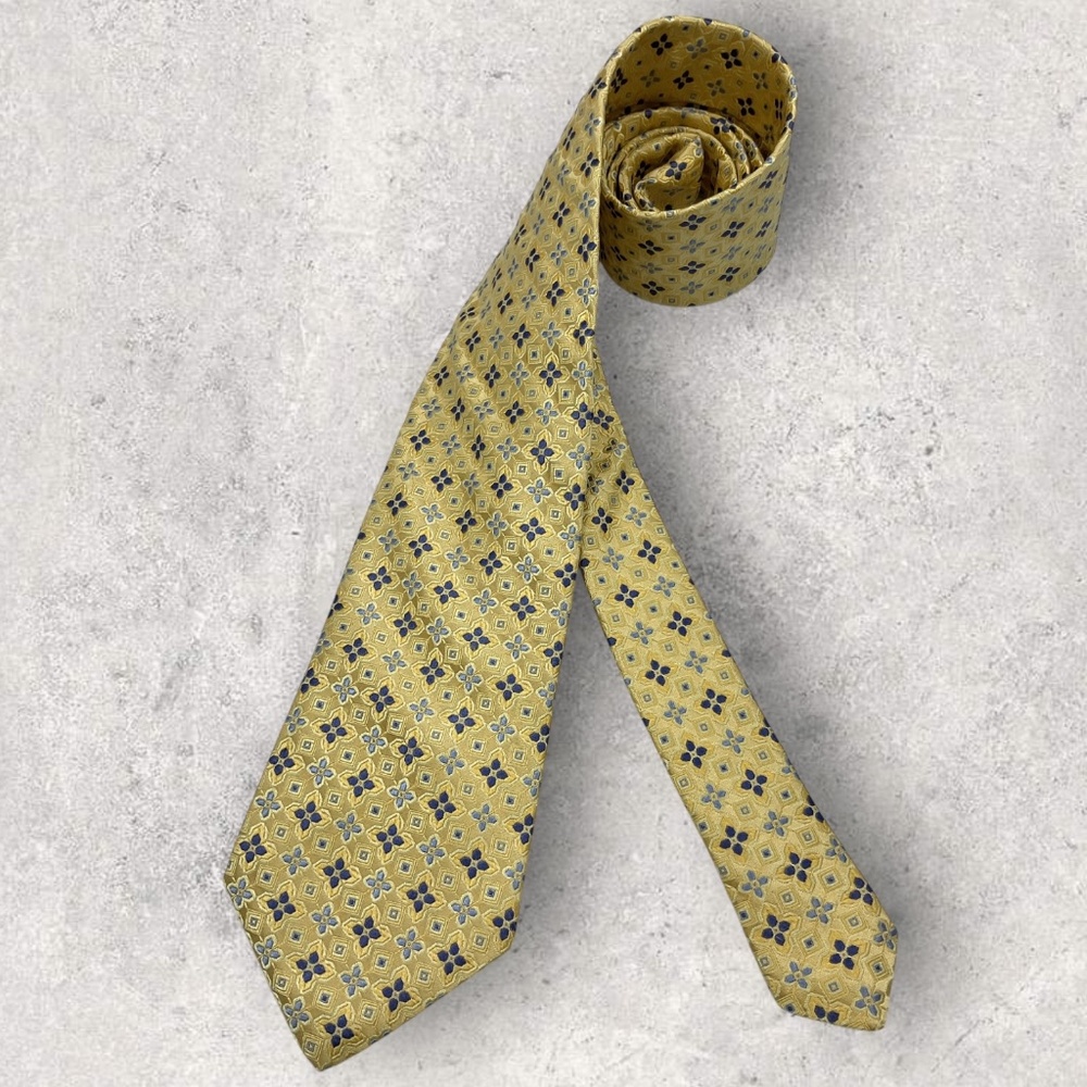 DION Gold/Blue Geometric Floral Silk LUXURY Tie HANDMADE CANADA